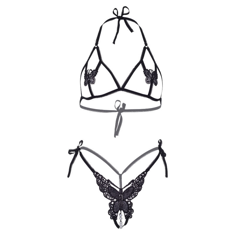 LEG AVENUE - SET DOS PIEZAS SUJETADOR Y TANGA DE MARIPOSAS Y PERLAS TALLA UNICA - NEGRO