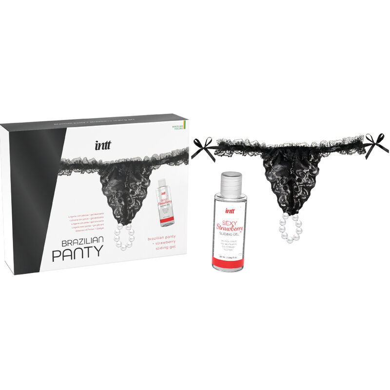 INTT RELEASES - PANTY BRASILEÑA NEGRA CON PERLAS Y GEL LUBRICANTE 50 ML