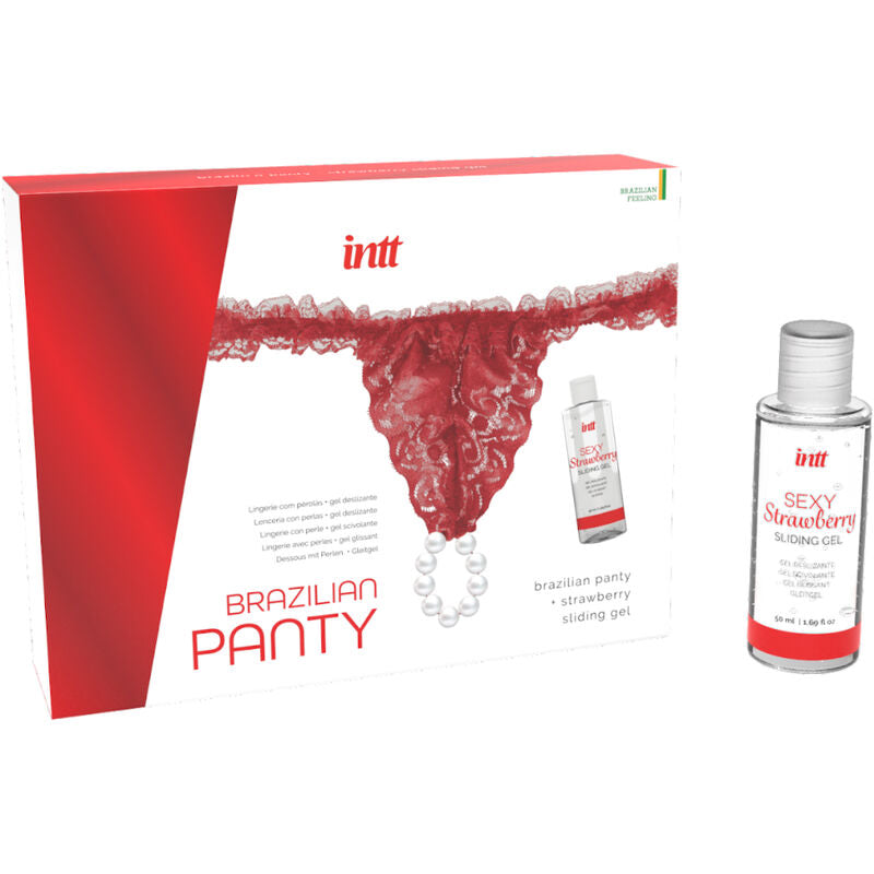 INTT RELEASES - PANTY BRASILEÑO ROJA CON PERLAS Y GEL LUBRICANTE 50 ML