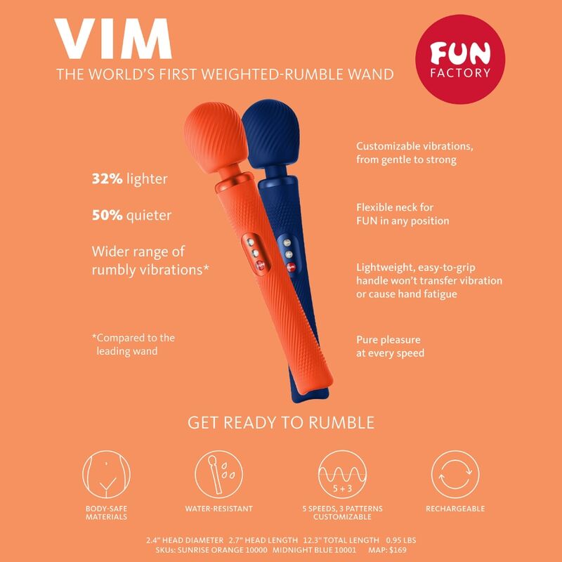 FUN FACTORY - VIM WAND RUMBLE VIBRADOR RECARGABLE SILICONA AZUL MEDIANOCHE