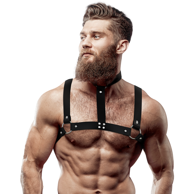 FETISH SUBMISSIVE ATTITUDE - ARNÉS AJUSTABLE ECOPIEL PECHO CON COLLAR HOMBRE