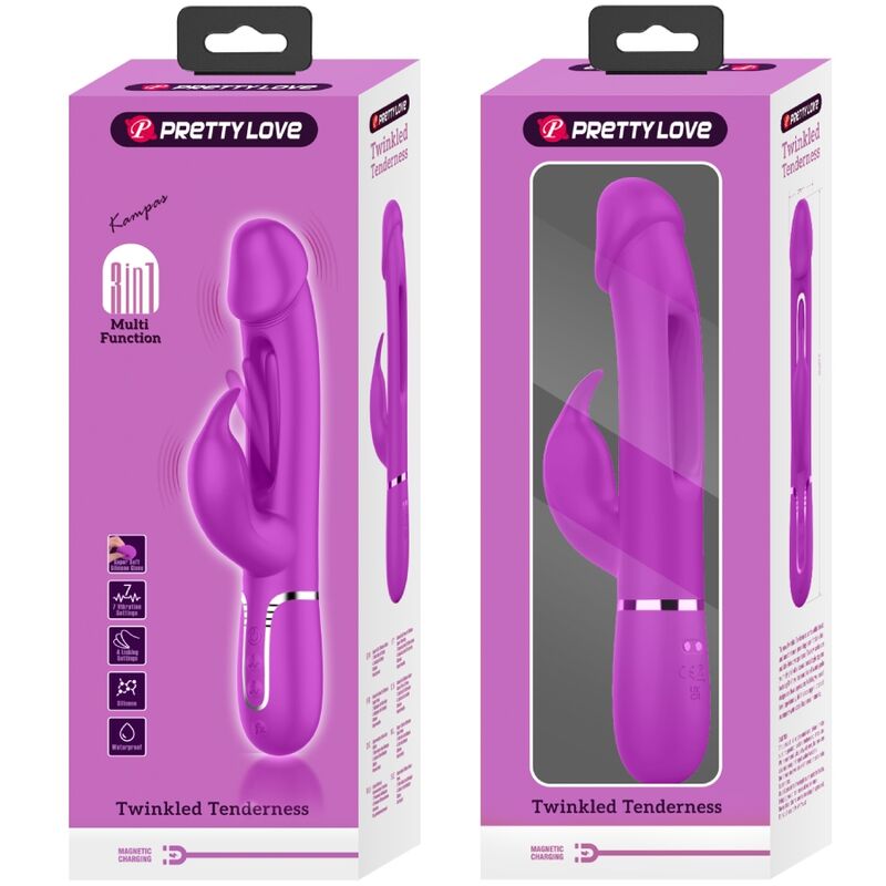 PRETTY LOVE - KAMPAS VIBRADOR RABBIT 3 EN 1 MULTIFUNCIÓN CON LENGUA FUCSIA